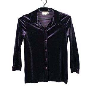 Womens Earth Song Purple Velvet Button Up Jacket Long Sleeve Polyester Size 6